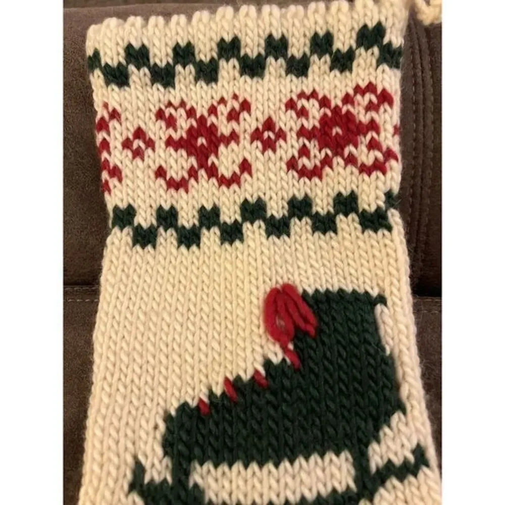 Hand Knit Ivory Christmas Stocking with Ice Skate‎ Sweater Print 18x7 Inches